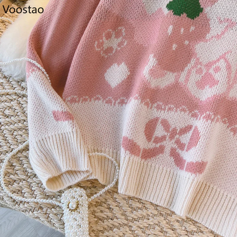 Sweet Lolita Aardbei Konijn Gebreide Truien Vrouwen Harajuku Leuke Cartoon Bunny Losse Jk Trui Girly Casual Truien Tops