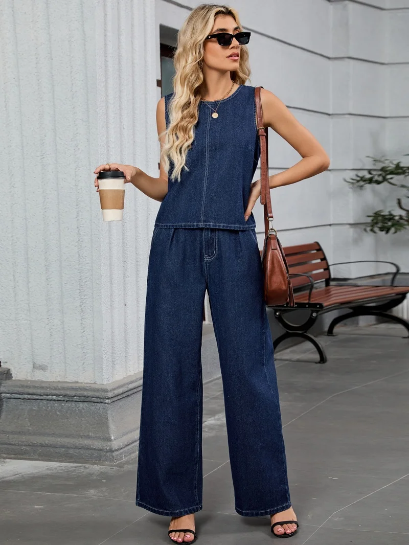 

Fashion Denim 2 Piece Sets Wome Outfit Summer Clothing Women 2026 Sleeveless Tank Top Wide Leg Jeans Pant Suit Cowboy Woman Sets