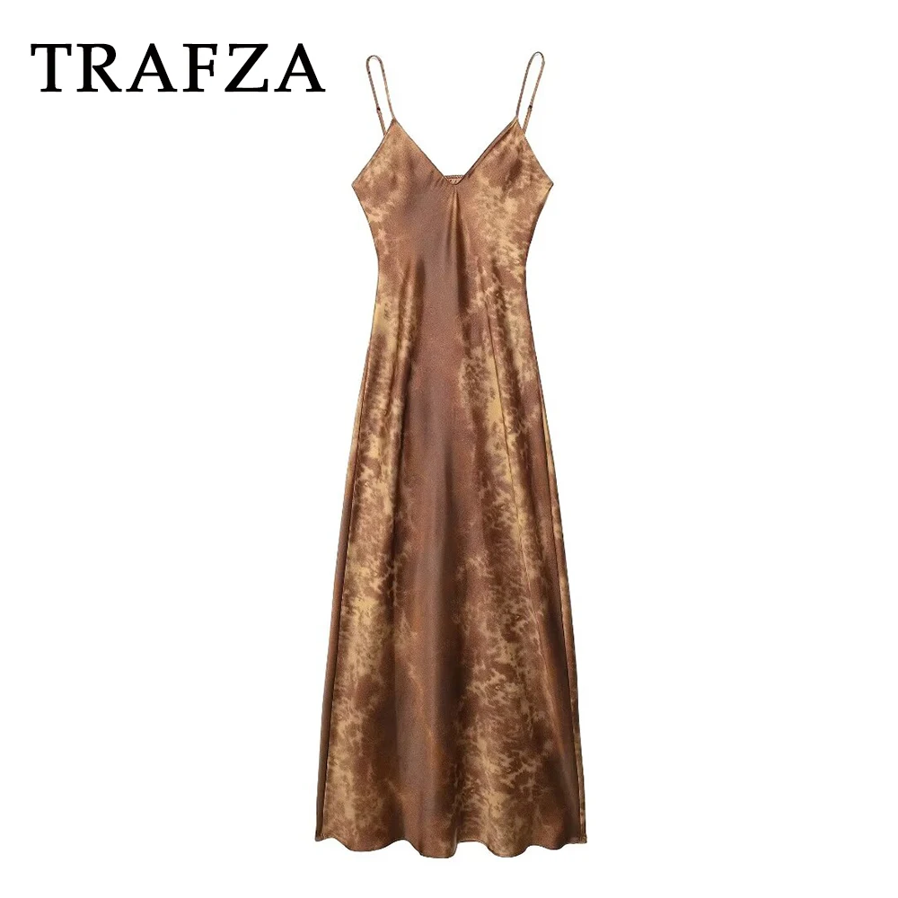 TRAFZA 2024 Wommen Summer Solid Sexy Camisole Dresses Zipper Backless Slim Midi Skirt Spaghetti Strap Long Women Elegant Dresses