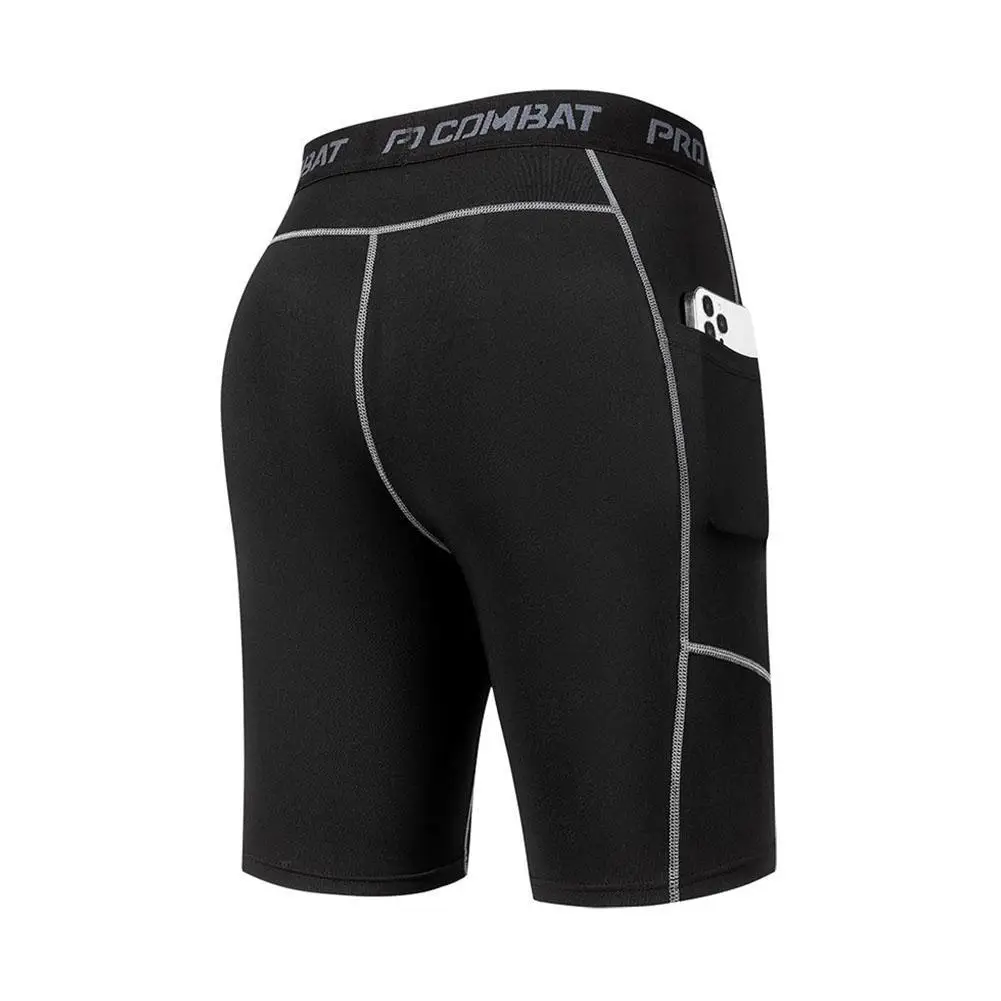 New Men‘s Compression Short Pants Elastic Quick Dry Running Fitness Shorts With Pocket Big Size Black Tight Gym Training Pants