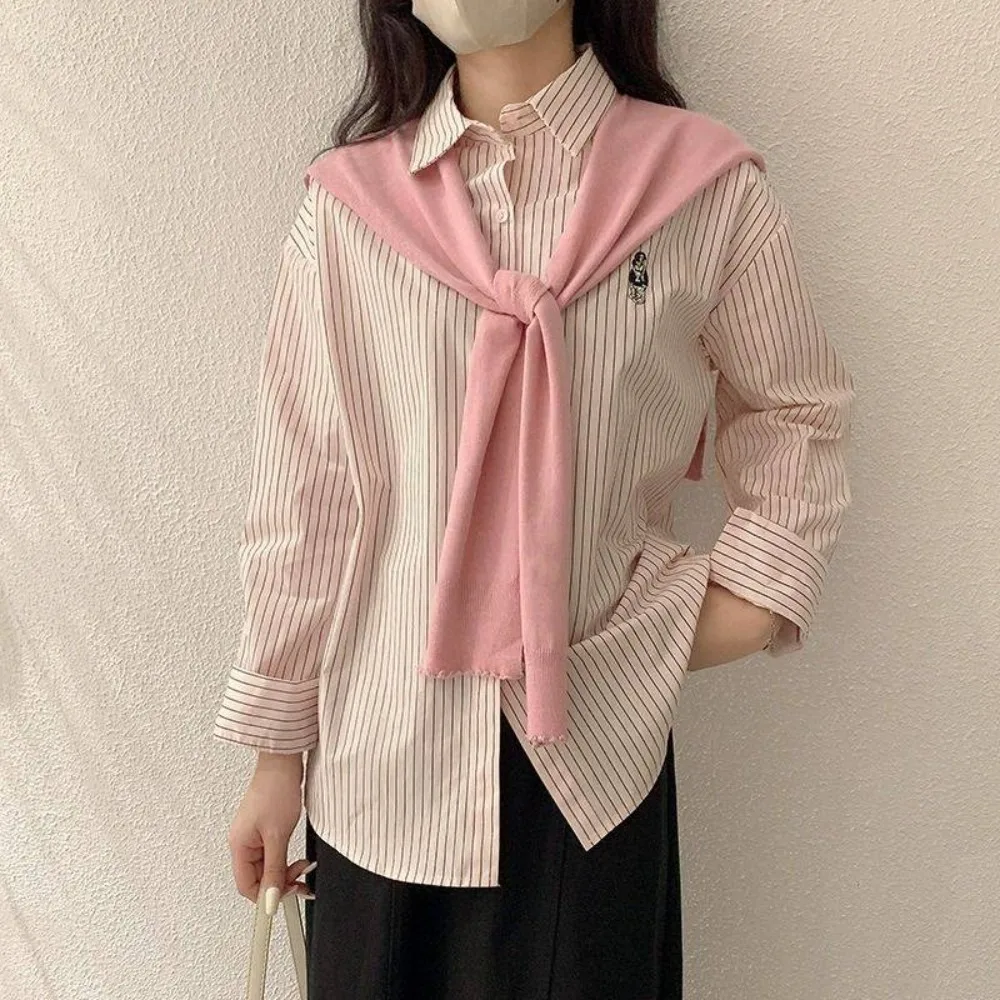 

Y2K Striped Shirts Women Button Up Preppy Style Two Pieces Shirts Set Embroidery Bear Outfits Long Sleeve Blouse Spring Autumn