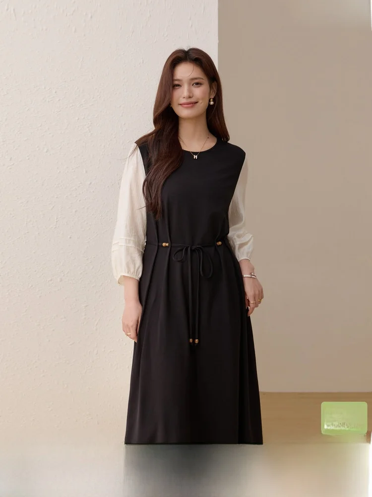 

Slimming A-Line Dr with Lantern Sve Patchwork Design plus Size Women's Clothing Waist-Cinching Long Dr for Spring