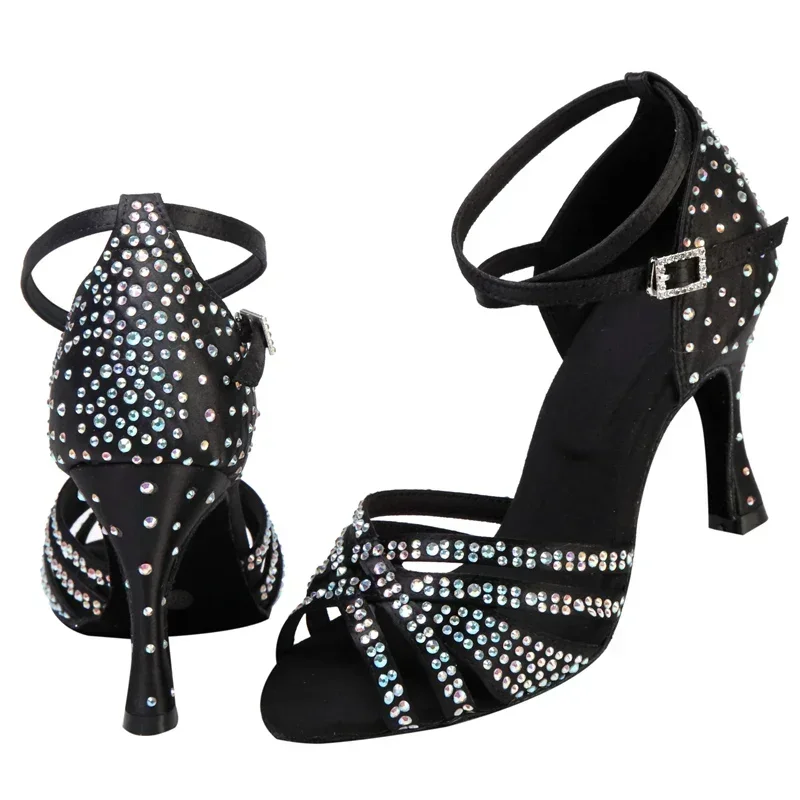 Lateinische Tanzschuhe für erwachsene Frauen mit weicher Sohle und Diamantbesatz, professionelle Tanzschuhe für den Innenbereich, mittlerer Absatz. – Detail 11