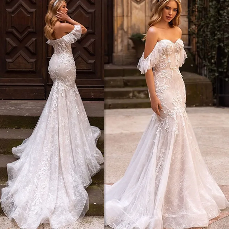 Luxury Lace Strapless Pink Bridal Mermaid Dress Off Shoulder Flare Sleeve Boho Fishtail Wedding Dress Small Train Plus Size