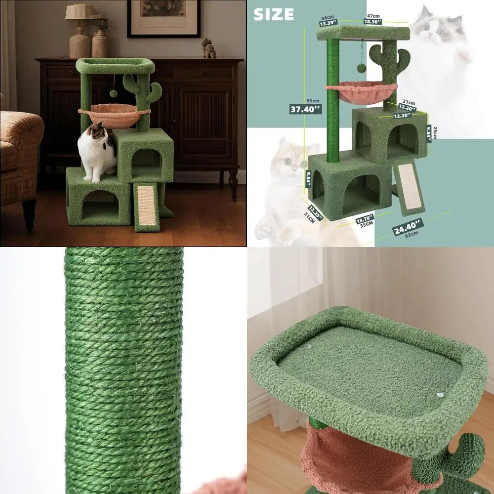 

37.4" Cactus Cat Tree Tower with Twin Cat Condos or Indoor Cats, All-in-One Activity Center with Cat Scratching Post Cozy Sleng