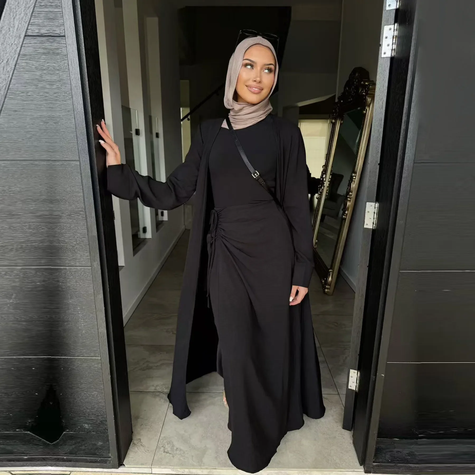 

2 Piece Matching Muslim Sets Eid Ramadan Abayas Women Dubai Dress Open Kimono Abaya Skirt Islamic Musulmane Turkey Arabic Outfit