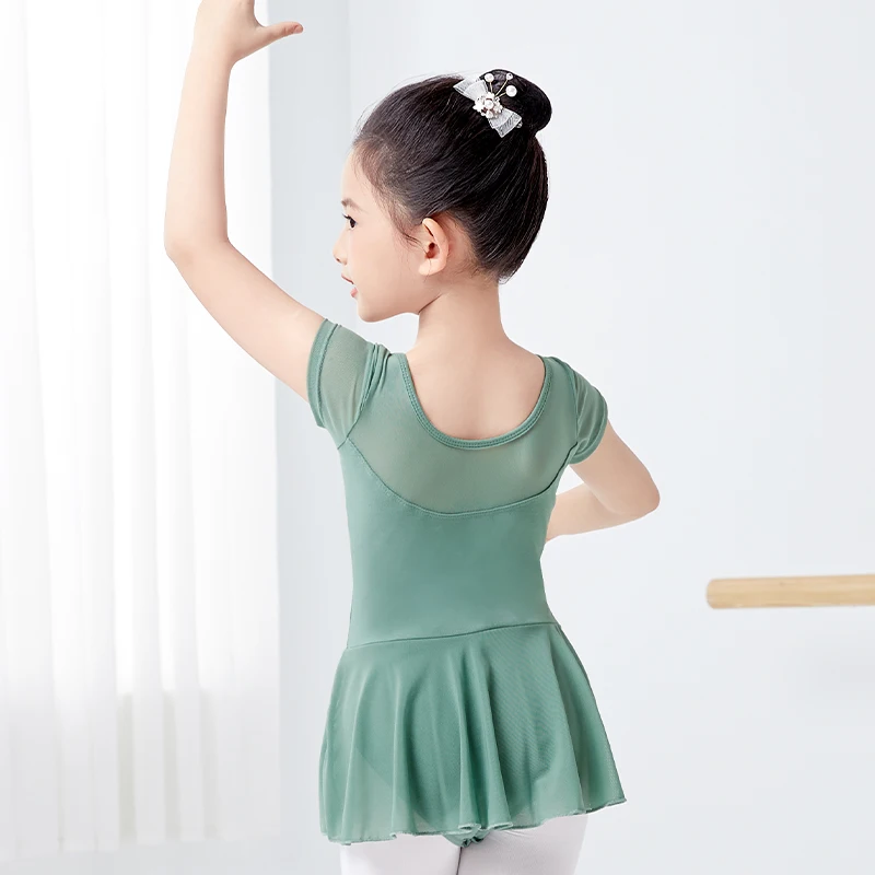 Girls Ballet Leotard with Skirt Short Sleeve Kids Cotton Dance Leotard Soft Mesh Splice Children\'s Dance Dress for Ballet