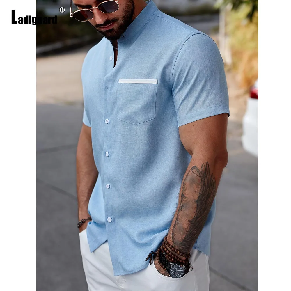 

Men Short Sleeve Casual Linen Beach Shirts Clothing 2025 Summer Fashion Basic Tops Mandarin Collar Blouse Mens Shirt Camisa New