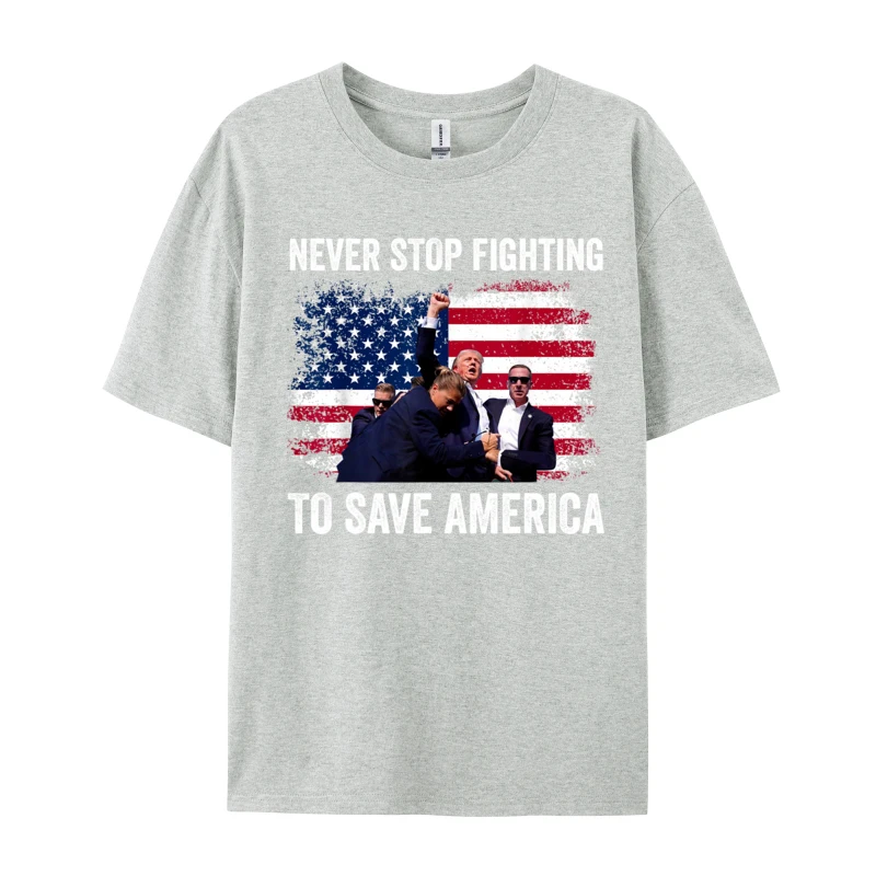 Men Clothes Trump 2024 American Flag Vintage T-shirt NEVER STOP FIGHTING TO SAVE AMERICA Camiseta Hombre