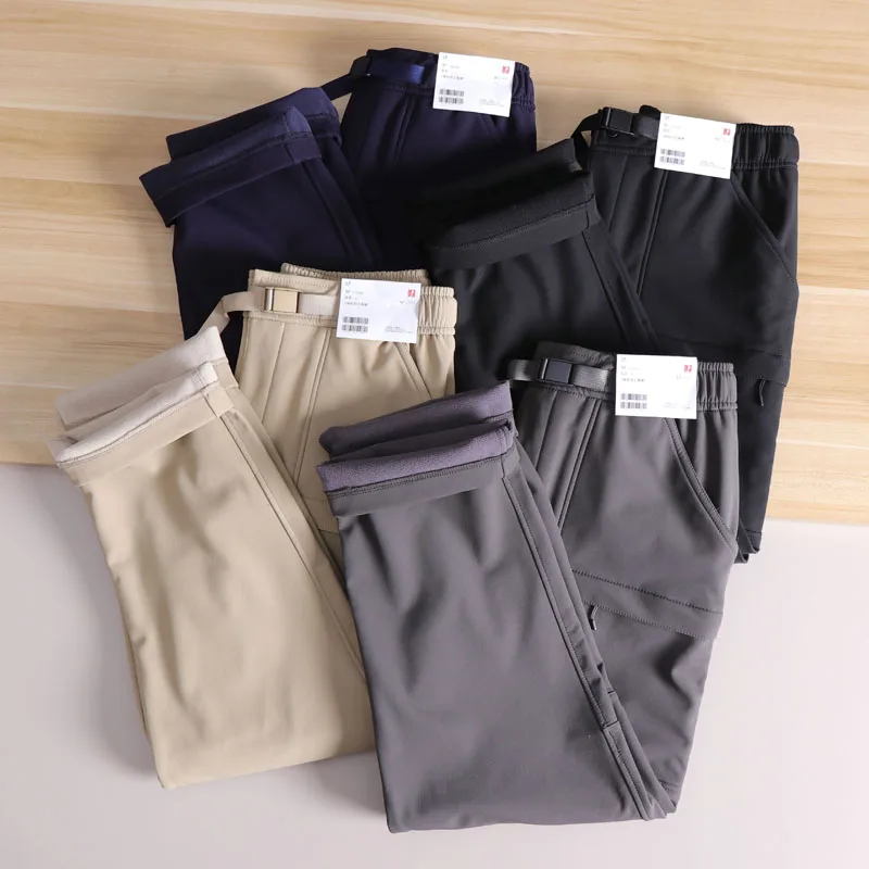 

Men's Outdoor Casual Pants Lightweight Fce-lined Windproof Waterproof Warm Long Trousers Autumn Winter Belted Straight Leg