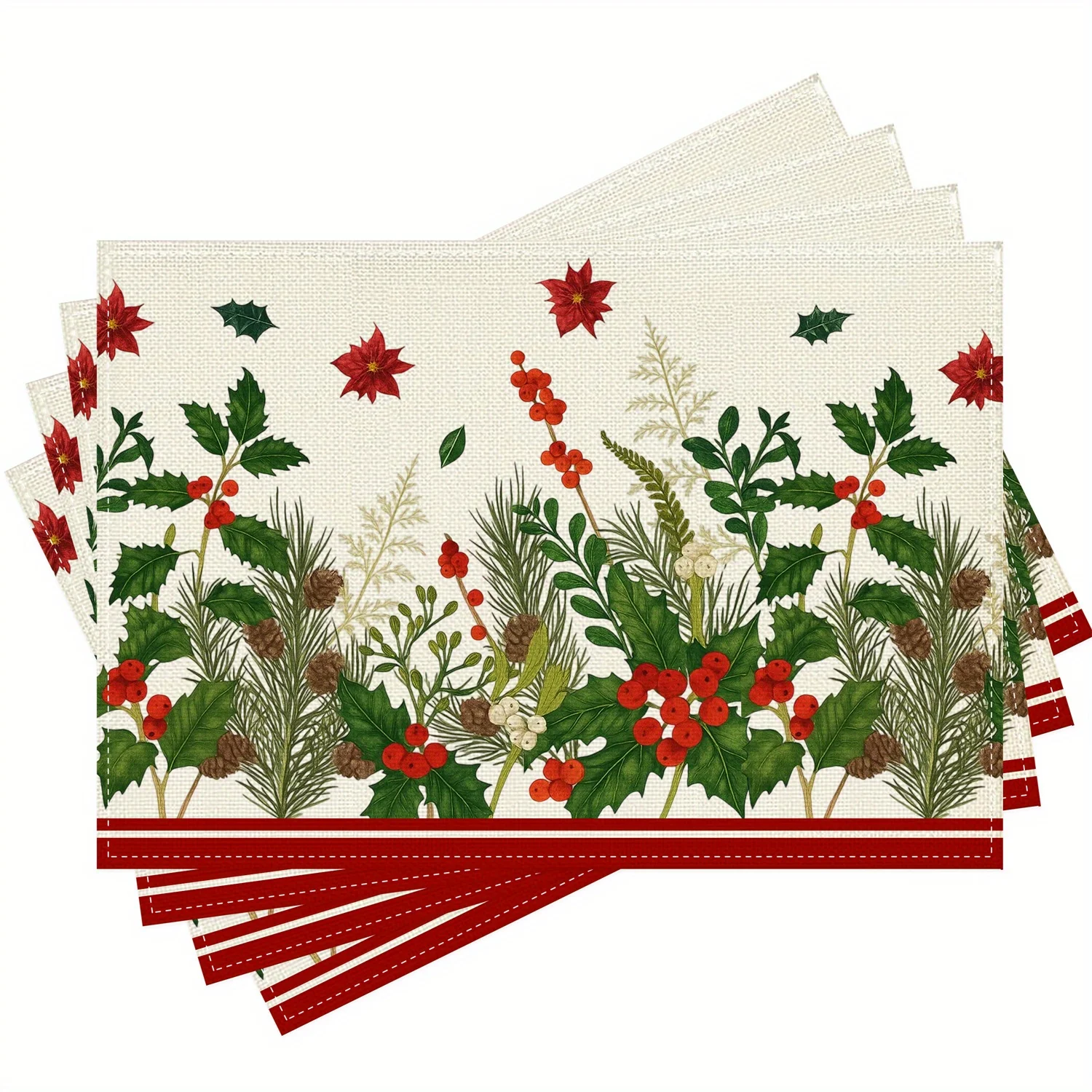 

4 шт. рождественские салфетки в полоску с цветами, ягодами и сосновой шишкой, 12x18 дюймов, моющиеся коврики для стола для кухни