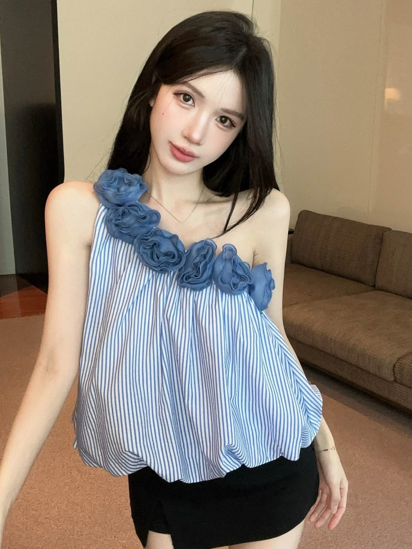 

Летний топ с открытыми плечами в полоску, без рукавов, с цветочным принтом, укороченный, дышащий, легкий, повседневный