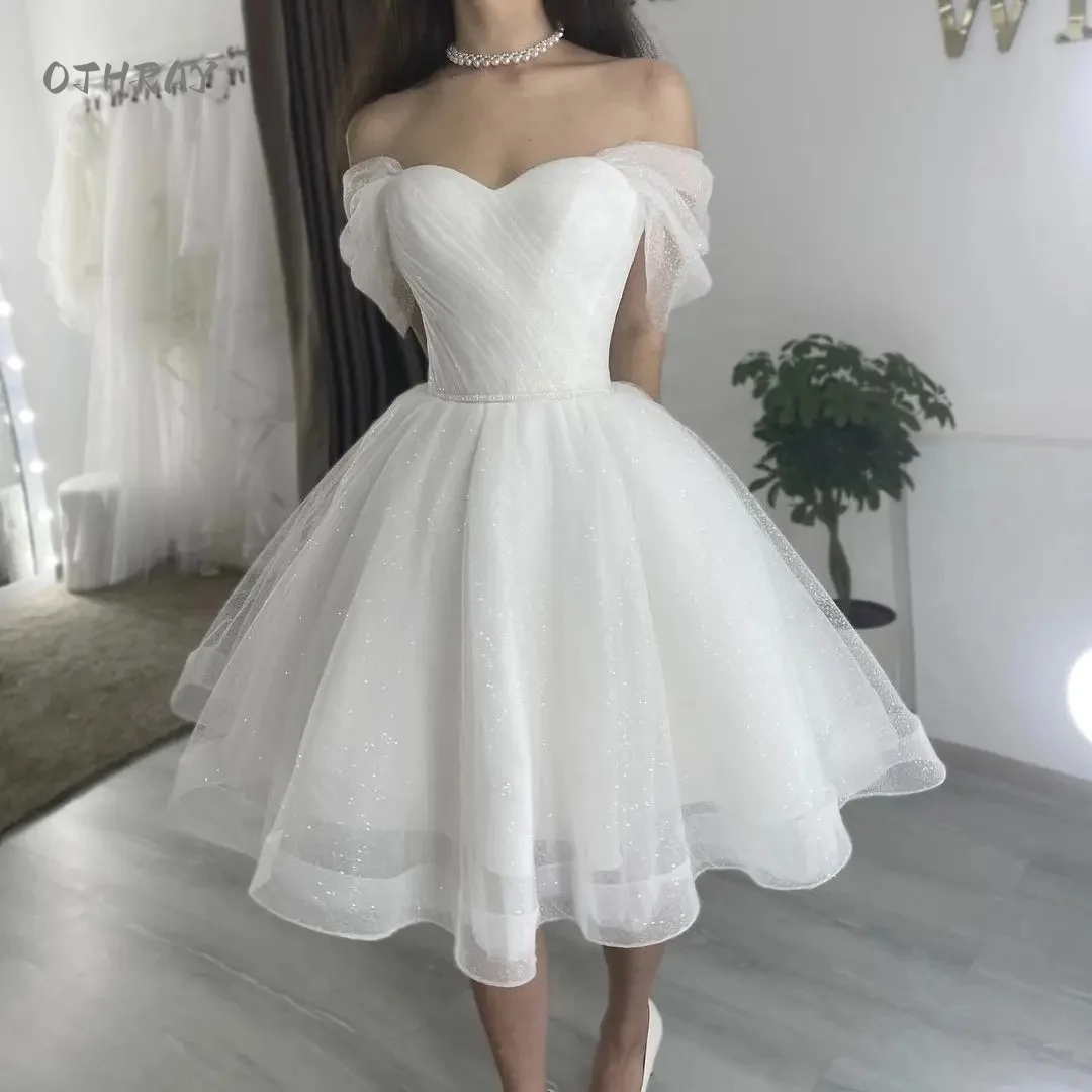 

Short Bridal Gowns Sparkly Sweetheart Wedding Drezs Lace Up Back Off The Shoulder Knee Length For Women Customize To Measures