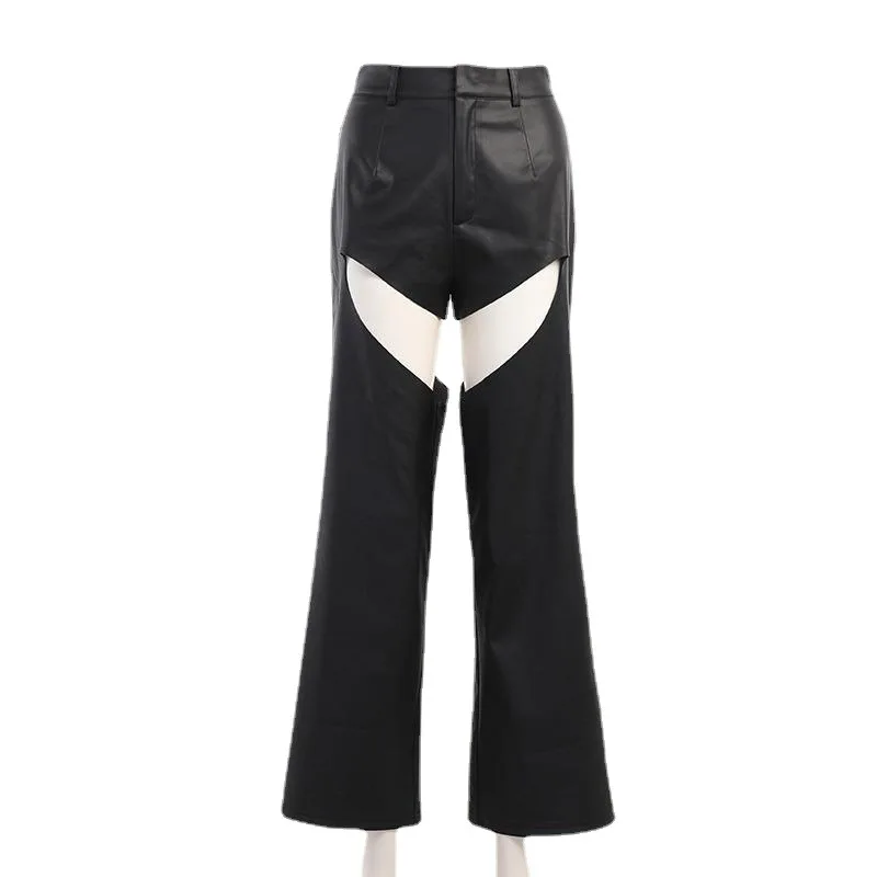 Spring New Women Leather Pants Black Hollow Out Pu Leather High Waist Female Straight Pants Fashion Trend All-Matched Trousers