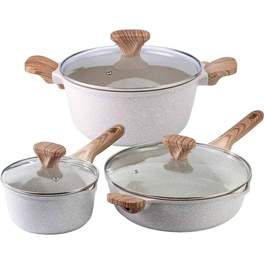 

Country Kitchen 6 Piece Cast Aluminum Cookware Set - Nonstick Pots and Pans with BAKELITE Handles and Glass Lids - Speckled