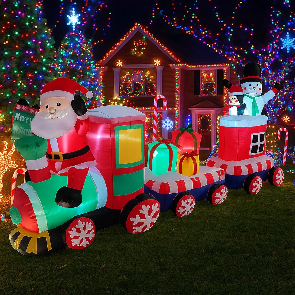 2.4M/7.8FT Inflatable Santa Train Snowman with Gifts Light LED Home Decor Toy Yard Xmas Holiday Decor Supplies Outdoor Lawn Yard