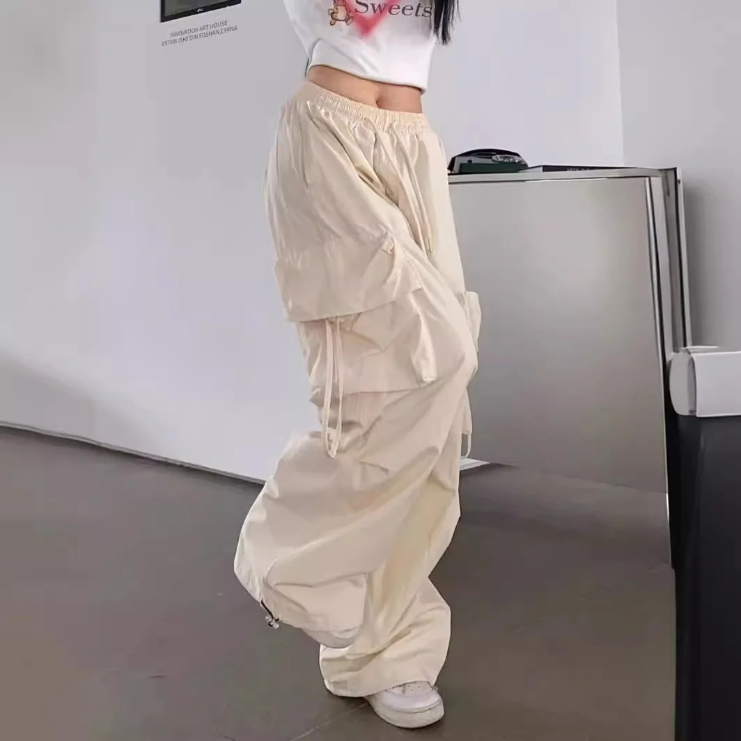 Pantalon Cargo Vintage pour Femme, Taille artificiel astique, Rétro Respirant, Couleur Unie, Jambes Larges, Streetwear Décontracté, Baggy