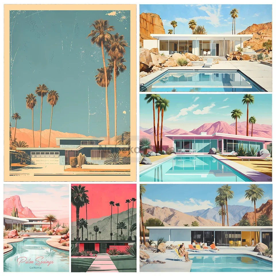 (No frame)1 pieza de póster retro sin marco de Palm Springs, paisaje del desierto de California, impresiones en lienzo, cuadr