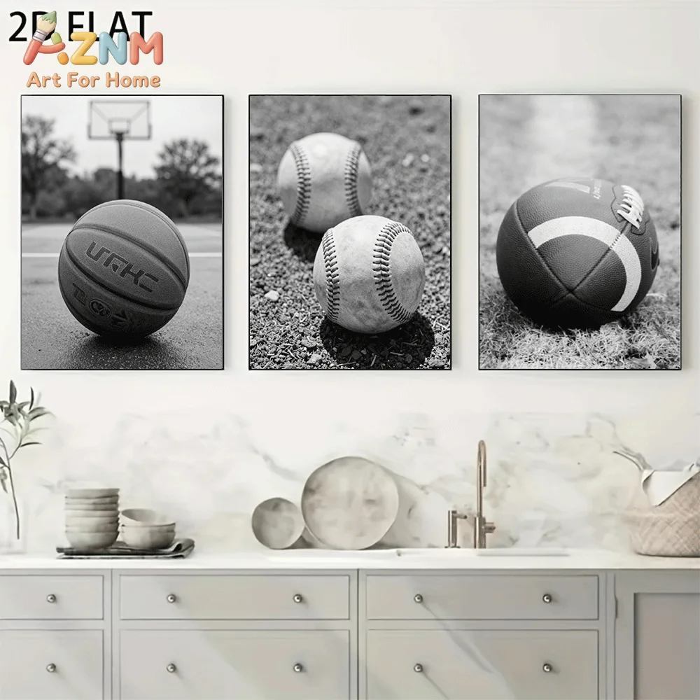 AZNM Frameless Canvas Wall Art, Black and White Basketball Baseball Football Print, Vintage Sports Wall Decor for Living Room Be