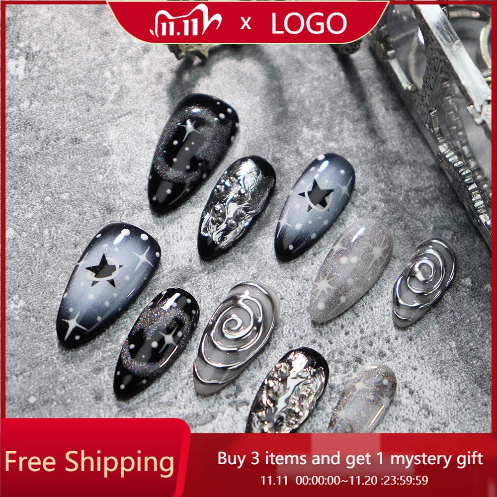

10 шт. ногти ручной работы в форме миндаля, гелевые ногти с резьбой и звездами в темном стиле, нажмите на кончики ногтей с мерцающими цветами