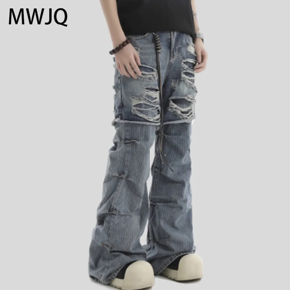

MWJQ American Spliced Striped Design Male Jeans High Street Fake Two Piece Loose Straight Leg Pants Tide Ins Men's Bottm 010239