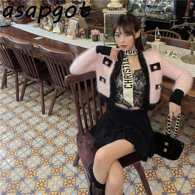 Japan Style Sweet Pink Mohair Sweaters Coat New Winter Fashion  V Neck Patchwork Cardigan Top Pull Femme Chic 3  Gentle