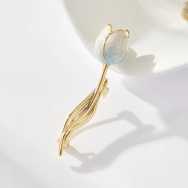 Tulip Brooch Chinese Style Elegant Gradient Pearl Enamel 14k Gold Plated Copper Alloy Pale Blue White Lucky Blessing Commute Pin