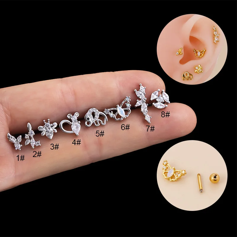 1PC Butterfly Flower Crystal Tragus Ear Piercing Surgical Steel Shaft Bar Daith Earrings For Women Girls Helix Cartilage Studs