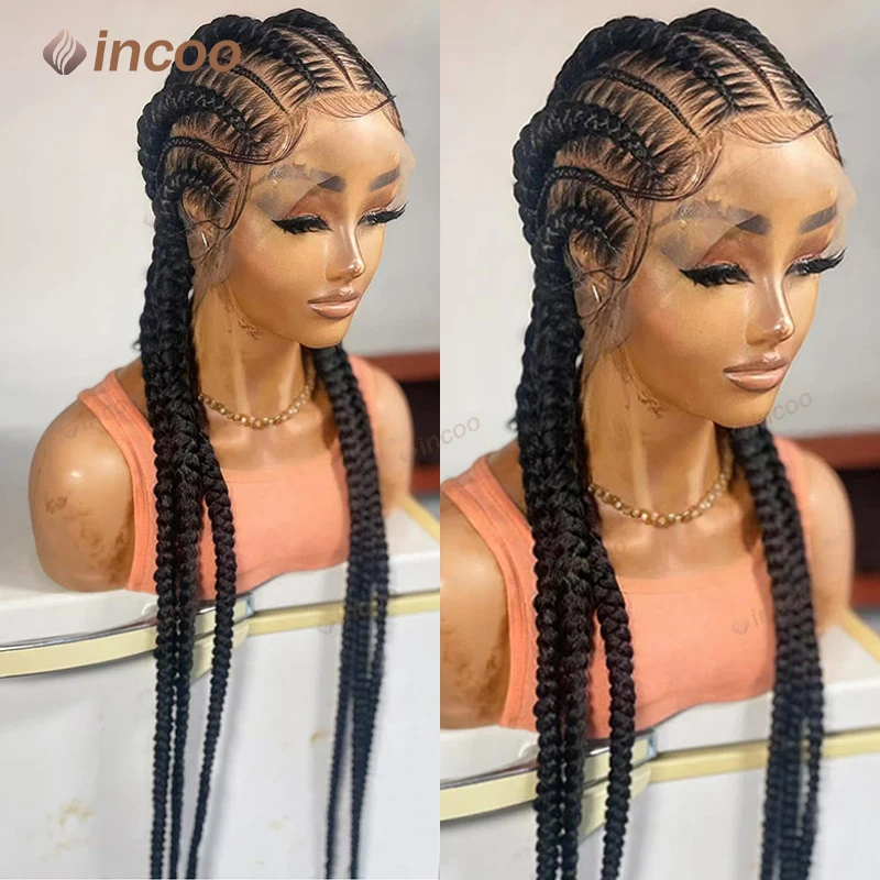 Pelucas de encaje con trenzas Cornrow de 36 ", pelucas trenzadas de tamaño gigante sintético para mujeres negras, peluca de encaje completo, trenza africana sin nudos, cabello trenzado en caja