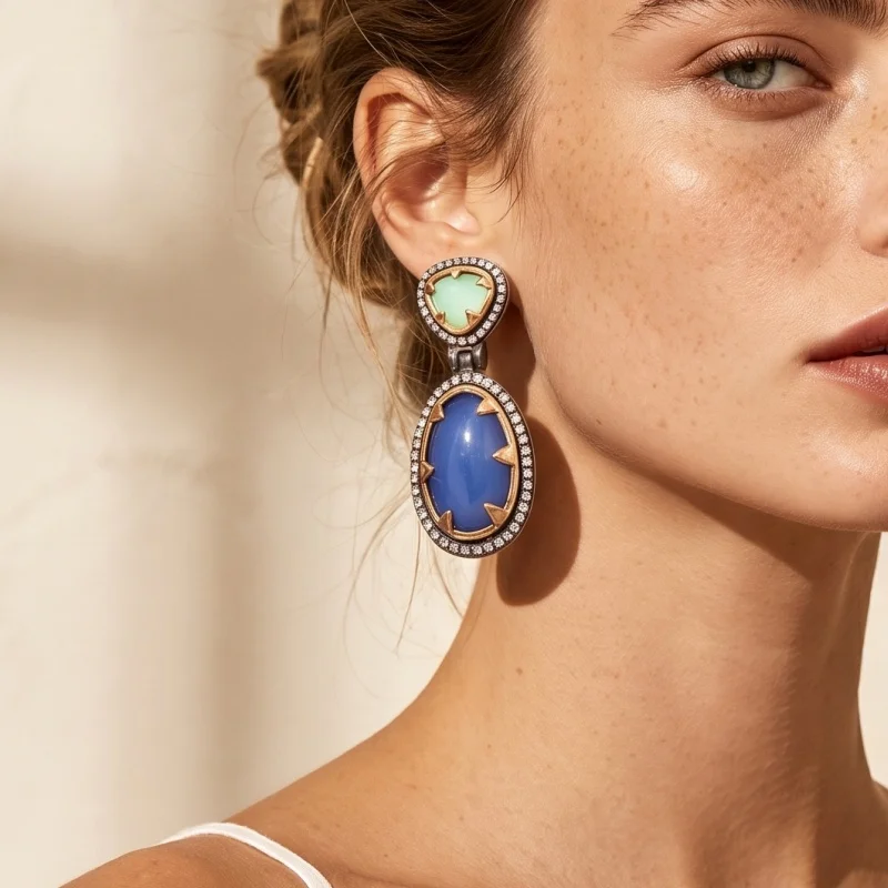 Women's Blue/Green Resin Dangle Earrings Paved Rhinestone Vintage Baroque Luxury Long Drop Ear Jewelry