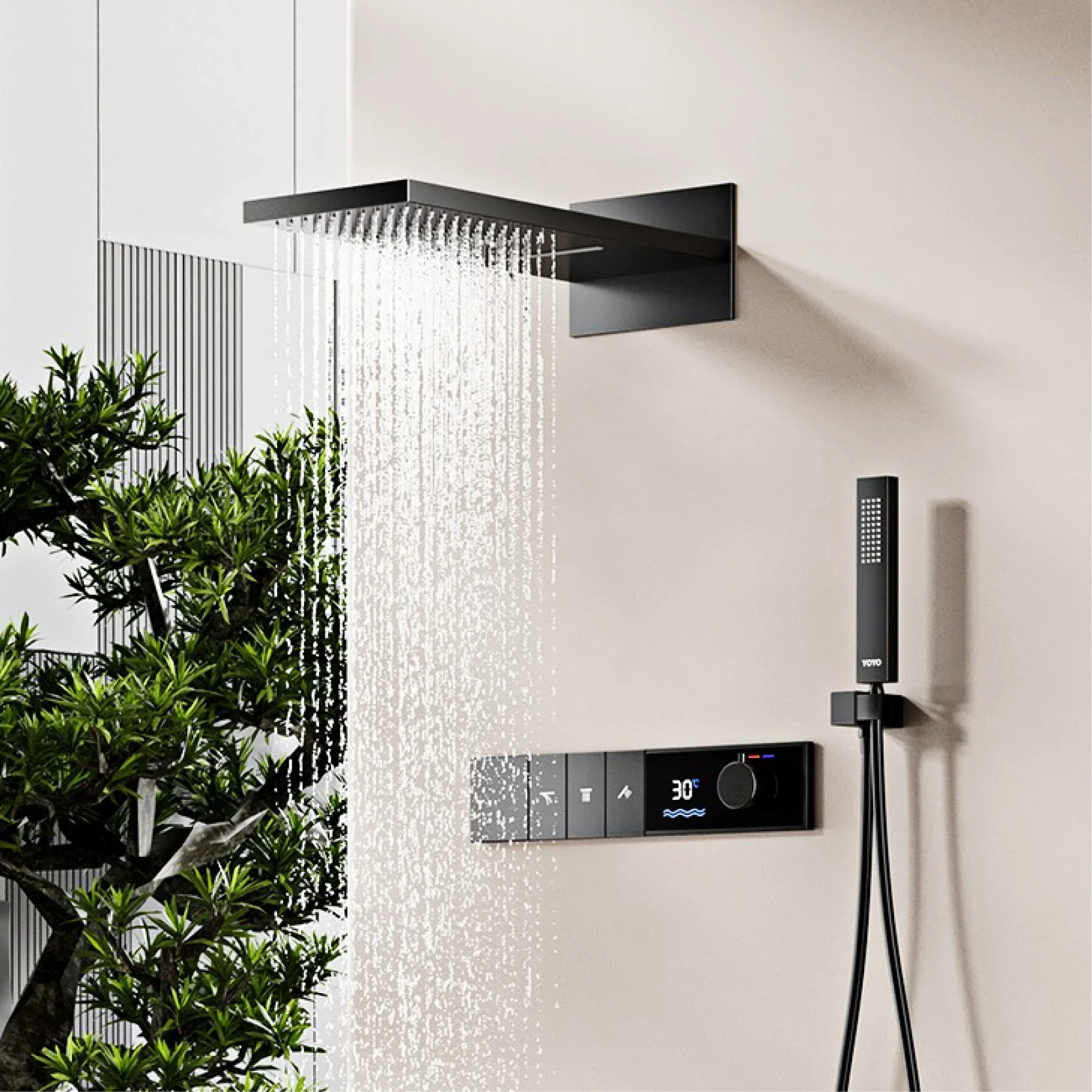 

Роскошный пистолет, серая латунь, встроенный светодиодный цифровой дисплей, душевая система, настенный 2-функциональный смеситель для ванной комнаты с водопадом/дождя