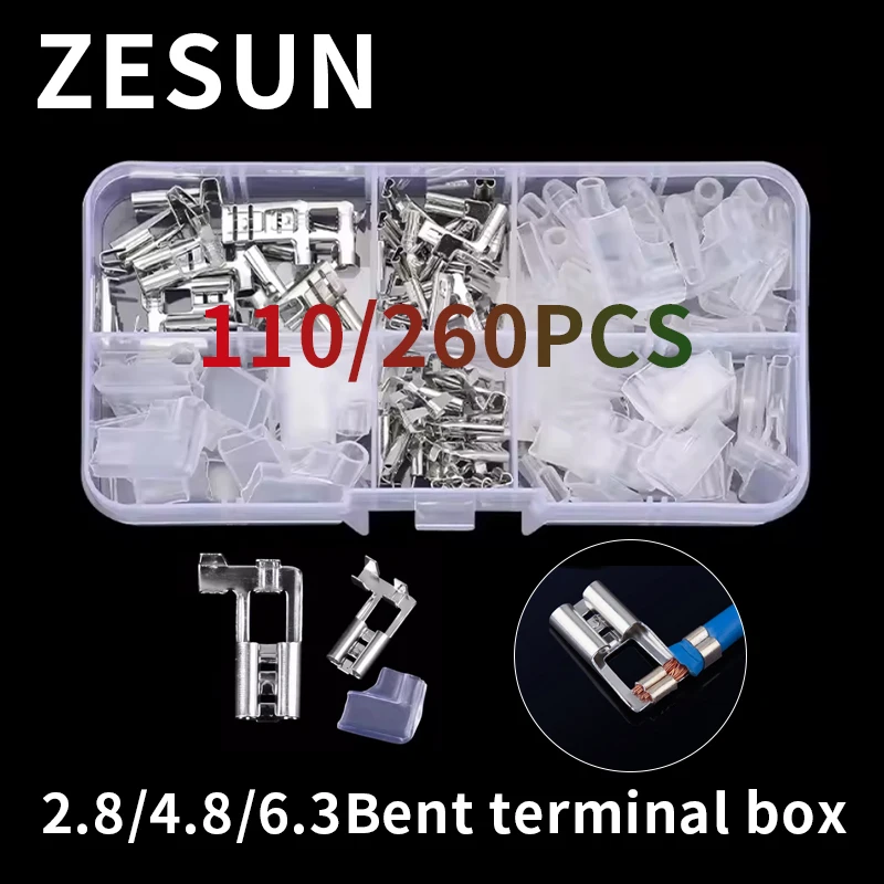 

110/260Pcs BOX ectric Flag/Right Angle Crimp Terminal Wire Connectors Set 2.8 4.8/6.3mm Female+sheath Brass Silver