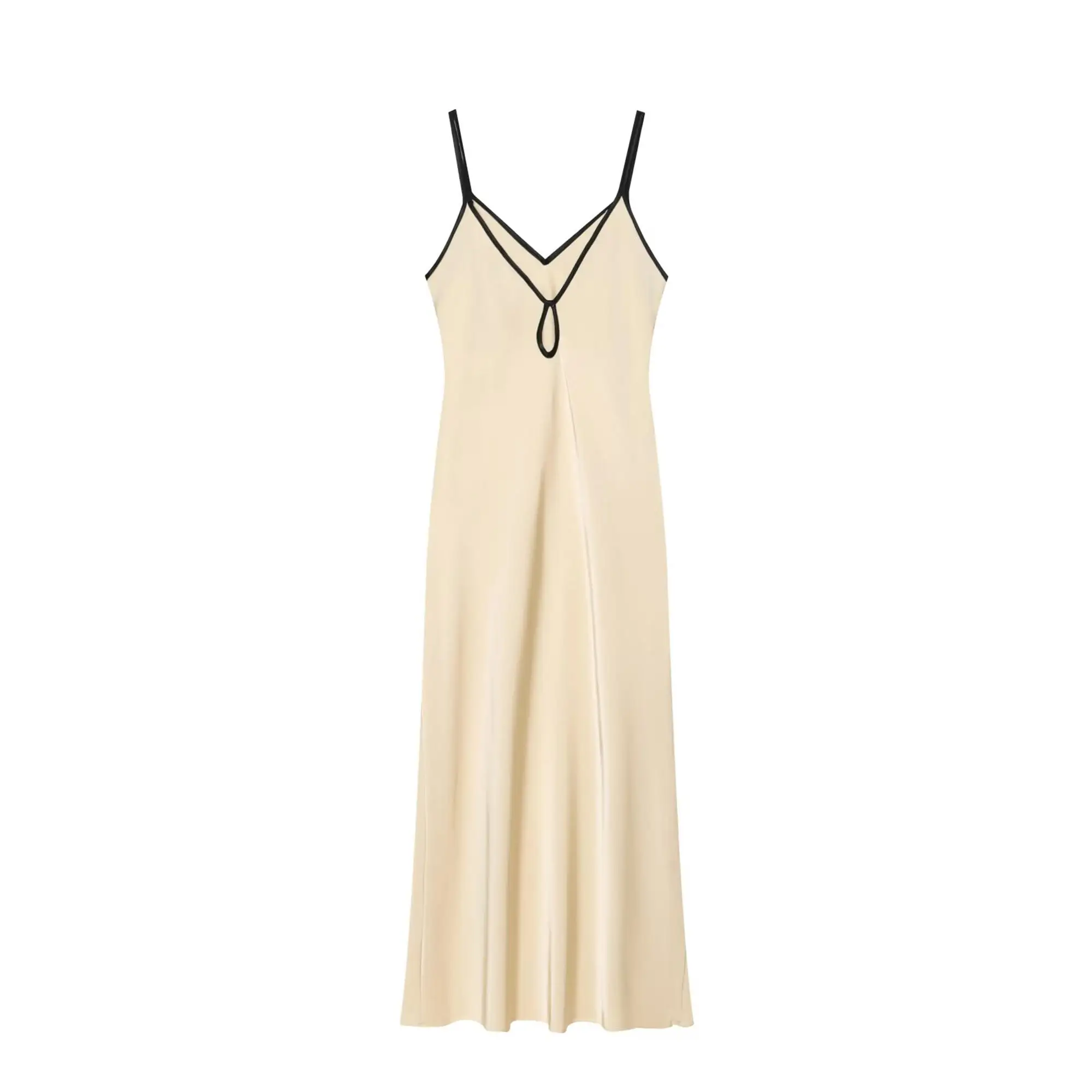 TFMLN Damen-Midikleid, lässig, mit Hosenträgern, elegant, schmal geschnitten, kontrastfarben, für den Sommer, Damen, V-Kragen, modisch, für Partys, lange Kleider – Detail 3