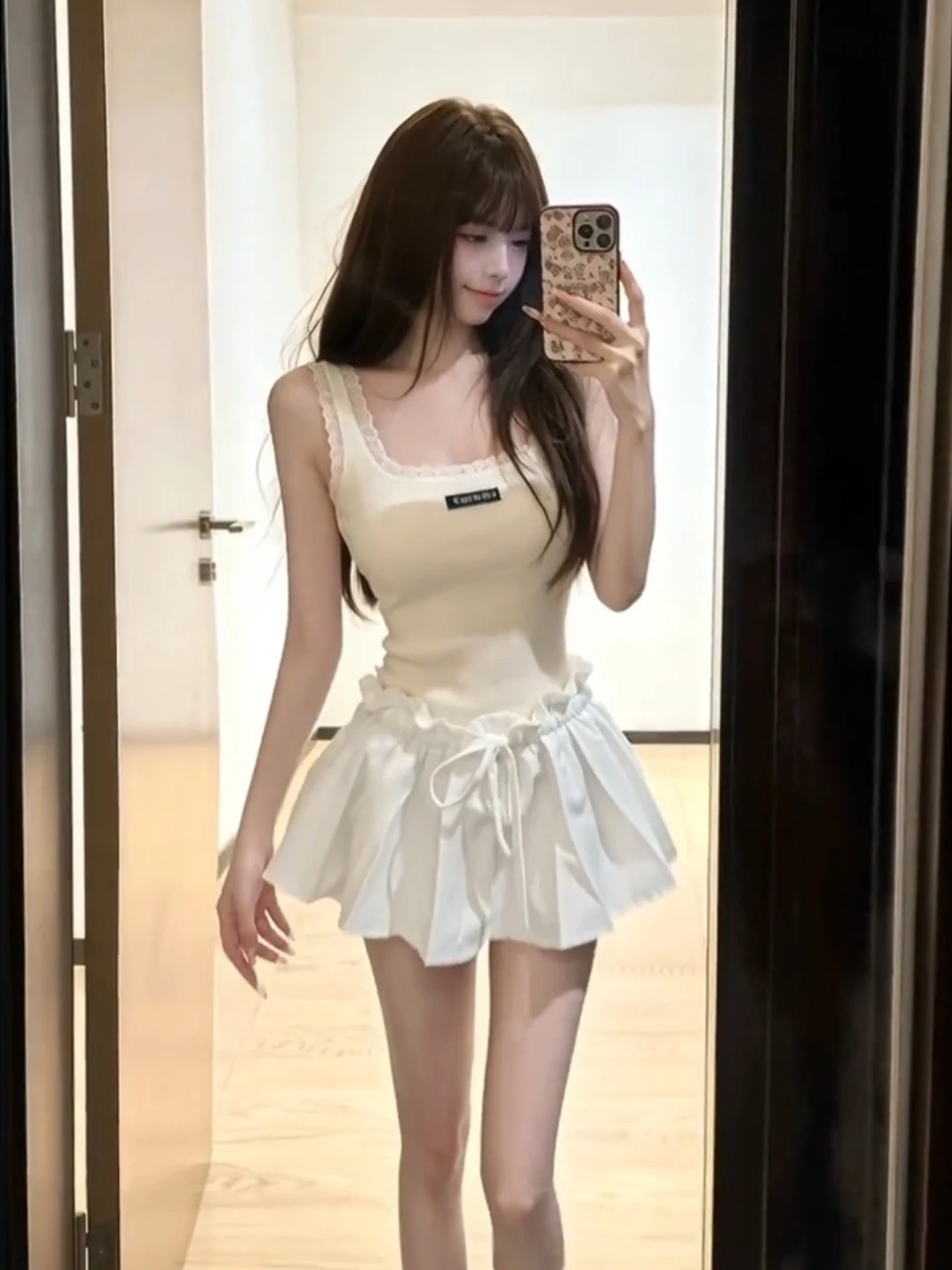 

Sweet Style Lace Trim U-Neck Strap Vest Women's High Waist Slim A-Line Skirt Two-Piece Set Summer Fashion Casual Wear