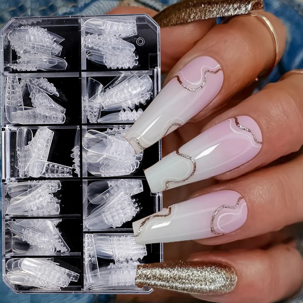 Unhas postiças sem costura de vidro transparente natural, unhas postiças curtas em forma de T, cobertura total, pontas de cobertura completa para unhas, 120 peças por caixa