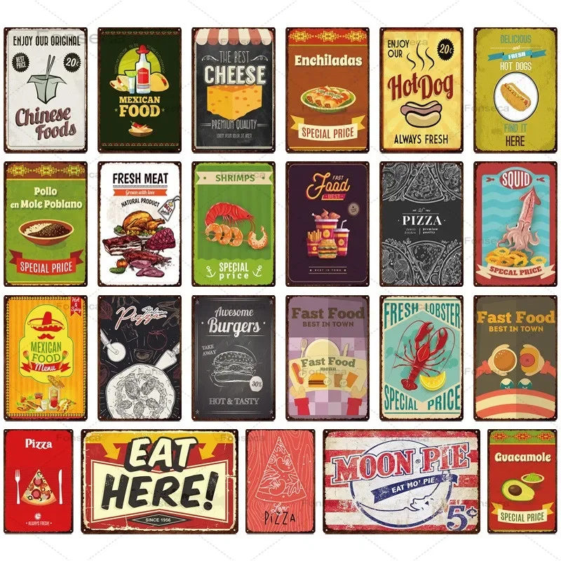 Fast Food  Metal Sign Plaque Metal Vintage Hot Dog Tin Sign Wall Decor For Kitchen Cafe Diner Bar Burger Iron Painting 20x30cm