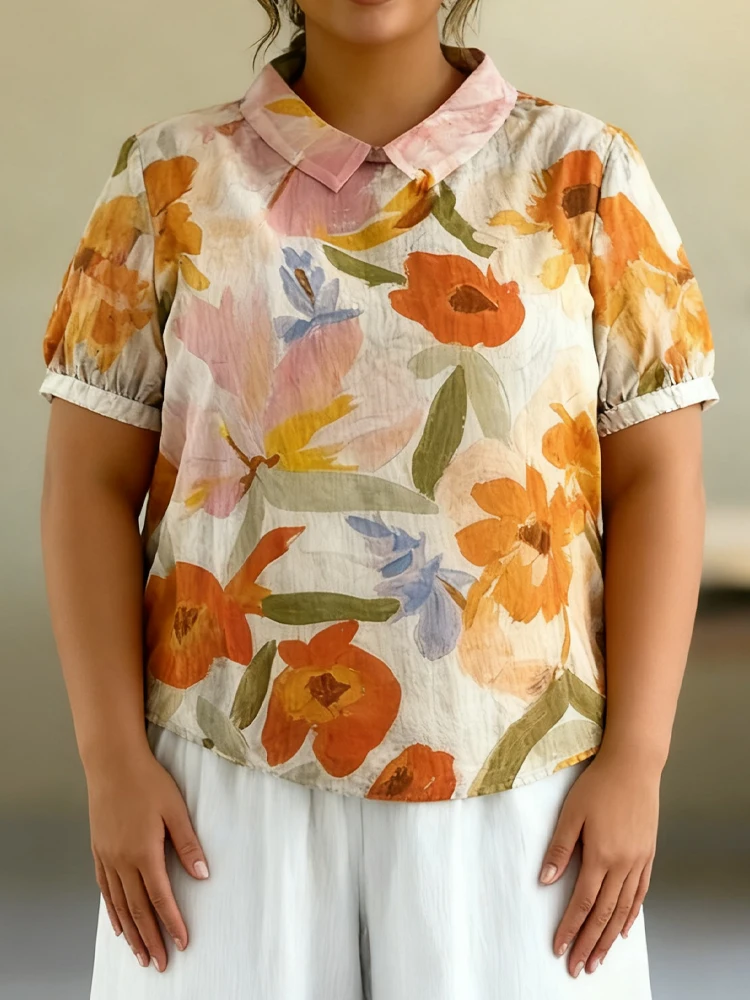 

Лидер продаж, модная рубашка с коротким рукавом с принтом больших размеров, милый топ с лацканами, повседневная пляжная женская одежда, элегантный топ с рукавами-фонариками