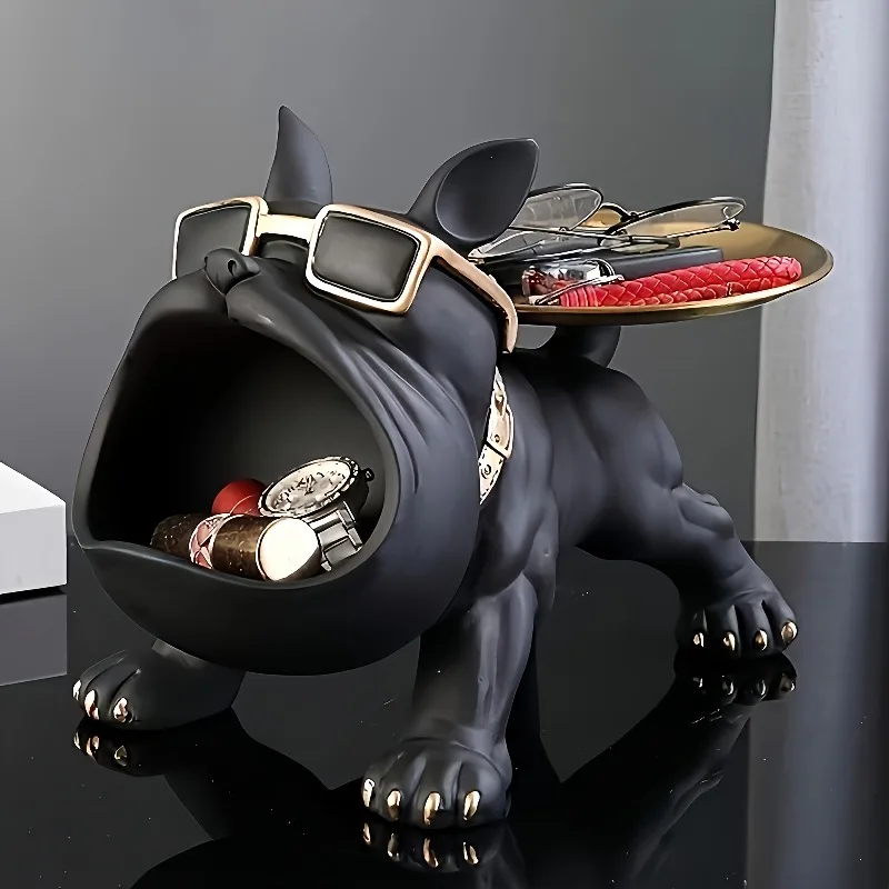 Black Bulldog Storage Decoration Set 1 piece - Stylish resin statue with gold rimmed glasses and dial - Perfect for home