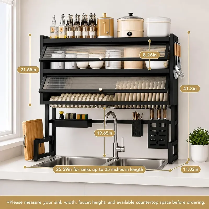 Over The Sink Dish Drying Rack Black L-25.59in Double-Layer