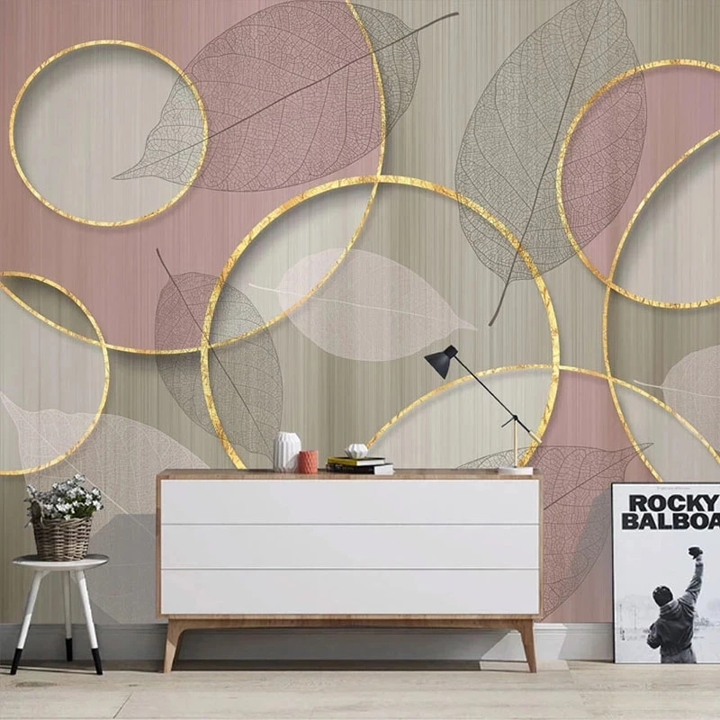 Custom Wallpaper 3D Golden Circle Transparent Leaves Pink Bedroom Art Mural Living room TV background wall bedroom restaurant 8d