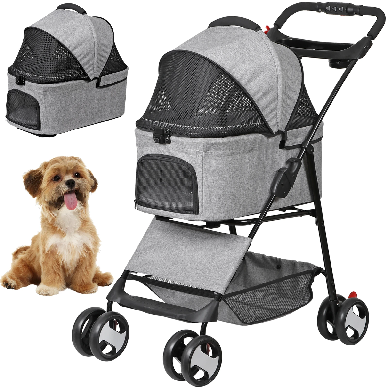 

Pet Stroller Foldable Dog Cat Jogger Stroller w/4 Wheel & Detachable Basket Gray