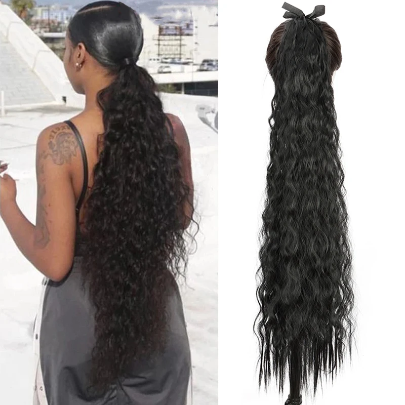 Synthetic Long Curly Ponytail Hair Extension 32Inch Black Brown Hair Wrap Around Clip in Hair Fiber Hairpiece for Women