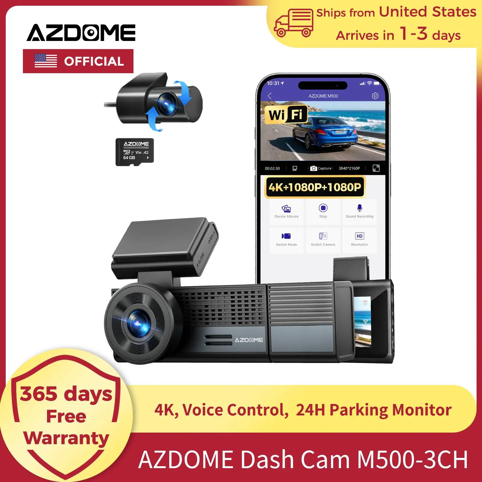 【Almacenes de EE. UU.】Cámara para Auto AZDOME M500 4K, Grabación de 3 Canales, WiFi, GPS, Control por Voz, Visión Nocturna, Monitoreo de Estacionamiento 24H