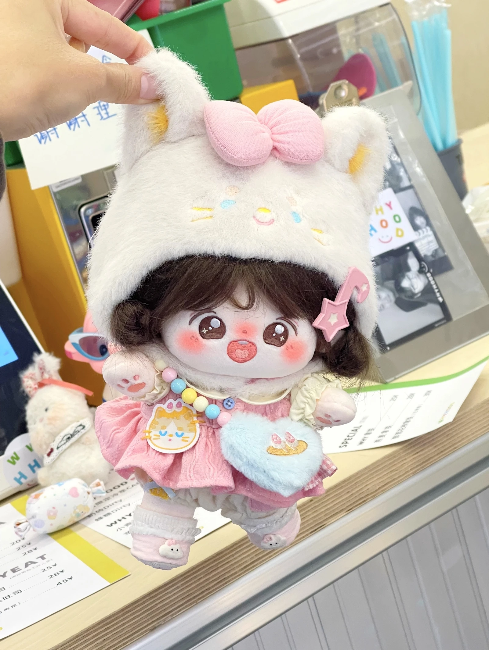 20cm Doll Clothes Milk Cat  Lolita Sweet Elf Bow Hat Pink Skirt Dress Stuffed Plushies Plush Doll Accessories Anime Toy Kids Gif