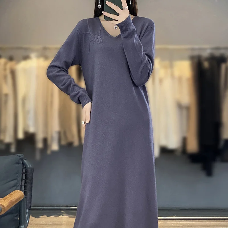 Heavy Industry Embroidery Dress Women's V-Neck Pullover Long Dress 100% Merino Wool Loose Fit Dress Autumn/Winter Korean