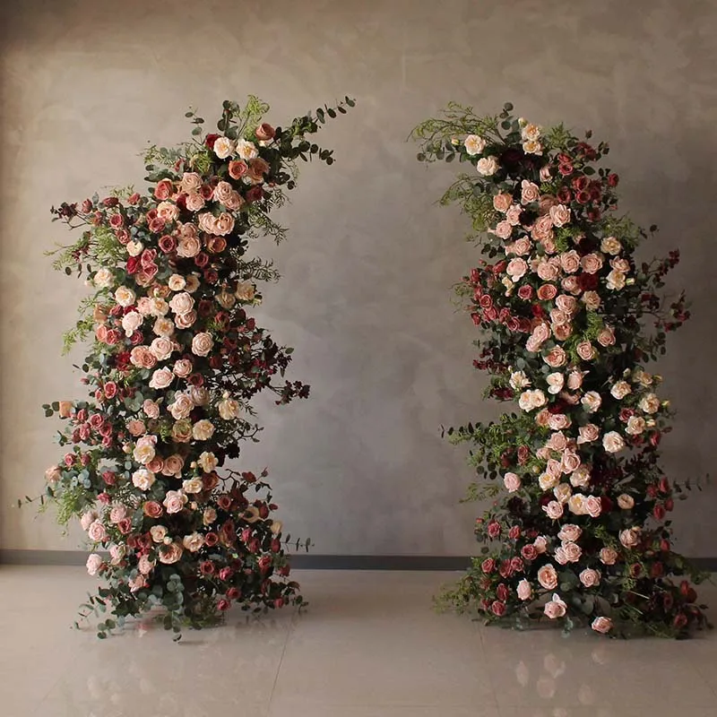 Luxury Wedding Decoration Horn Arch Flower Arrangement Backdrop Artificial Rose Flower Row Event Party Arc Moon Decor Floral