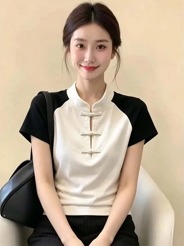 Korean Style Short Sleeve T-Shirt Women's Slim Fit Button Detail Color Block Summer New Arrival Fashionable Slimming Top
