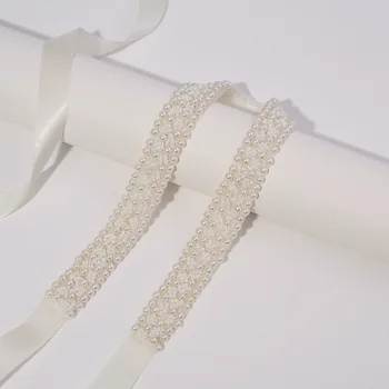 NZUK wykonane ręcznie wyszywane koralikami pasy ślubne eleganckie kości słoniowej perły pas ślubny na suknia wieczorowa akcesoria ślubne