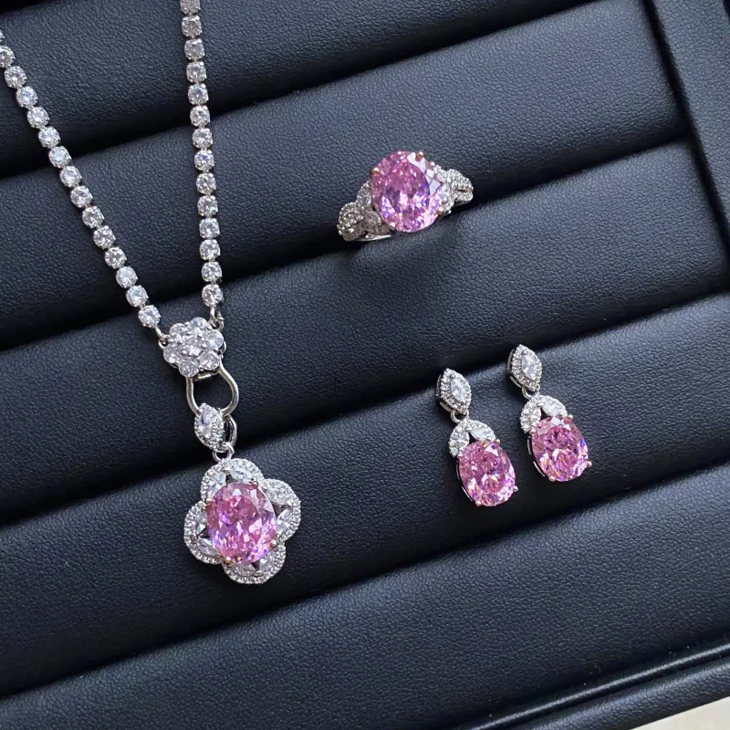 

Розовый циркон, трехсекционный комплект из трех частей с бриллиантами и когтями, открытое кольцо, элегантный комплект серег-подвесок