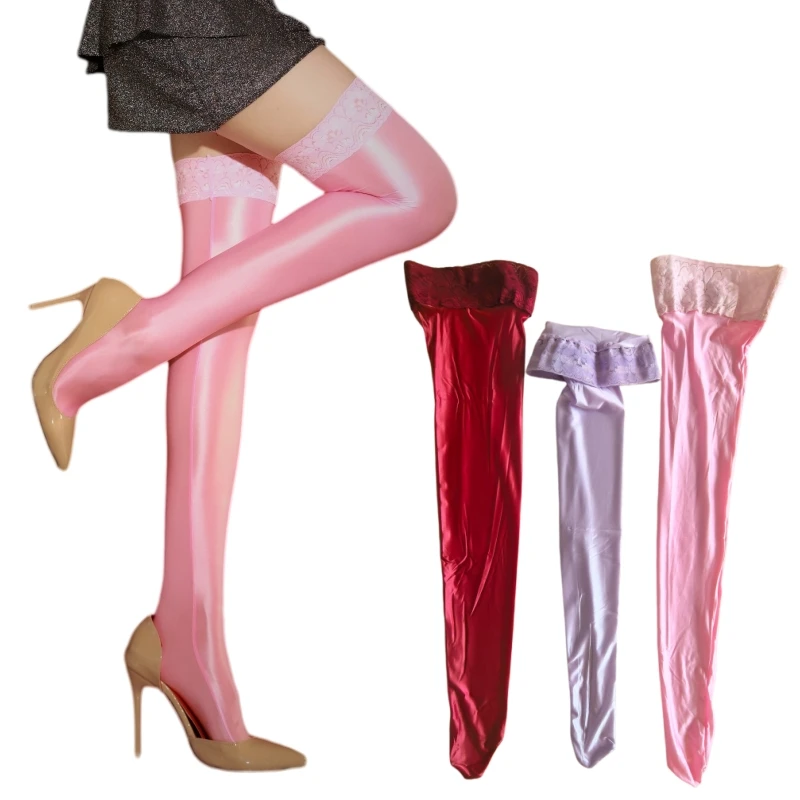 7 Colors Soft Satin Silky Touch OL Maid Cosplay Medias Women Sexy Oil Shiny Lace Top Silicone Hold Up Thigh High Stockings